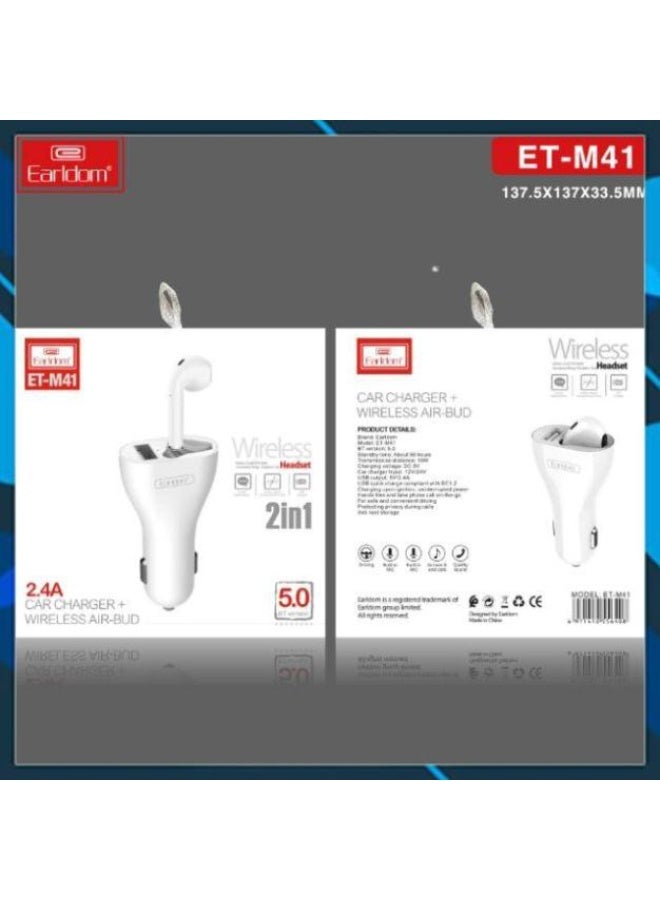 أيرلدوم شاحن سيارة Earldom ET-M41 2 في 1 مع سماعة أذن لاسلكية - أبيض - Image 4